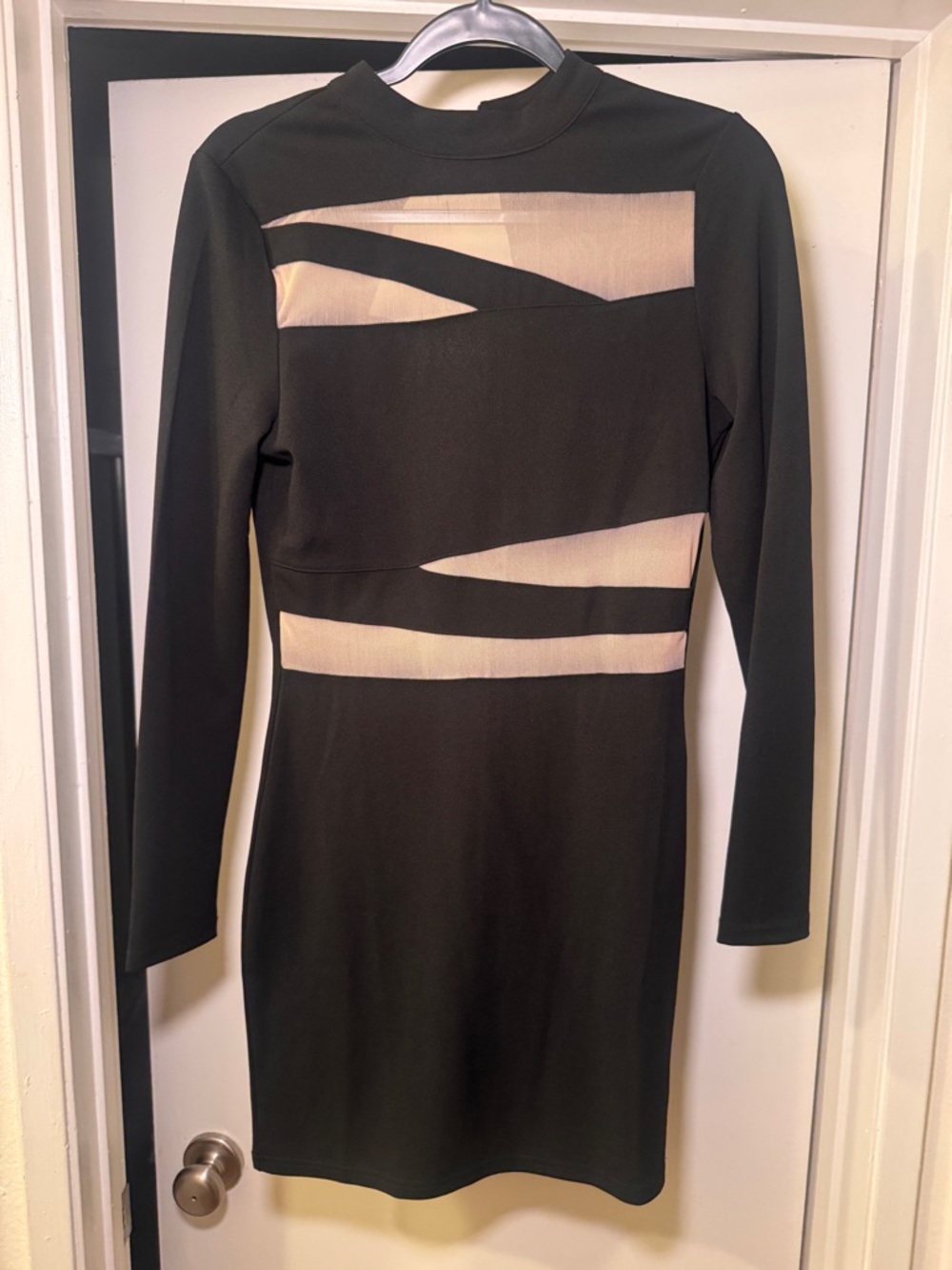 Black Long-Sleeve Sheer-Insert Bodycon Dress